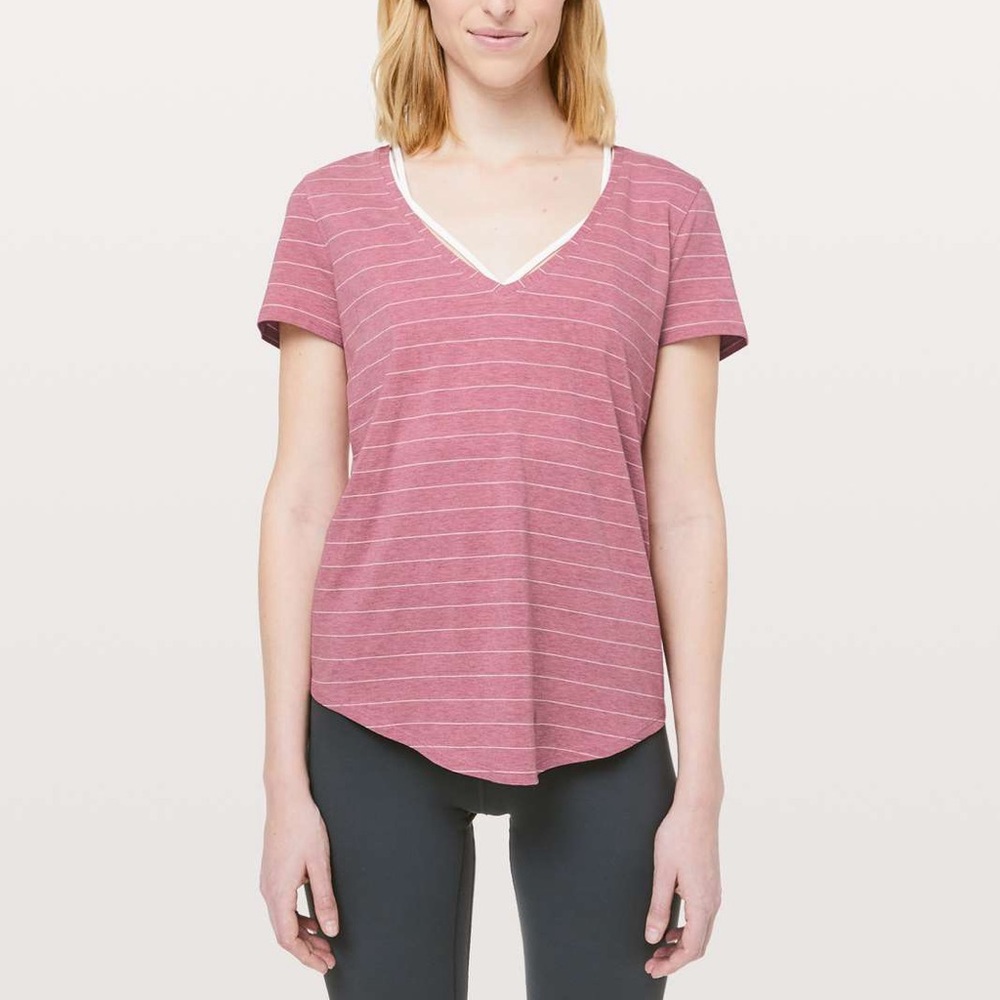 Lululemon Love‎ V Short Sleeve Tee Short Serve Stripe Heathered So Merlot White